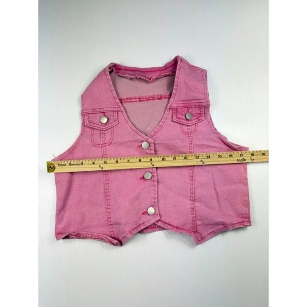 Y2K Pink Denim Two‎ Piece Set Crop Vest Raw Hem Star Cutout Shorts Size Small